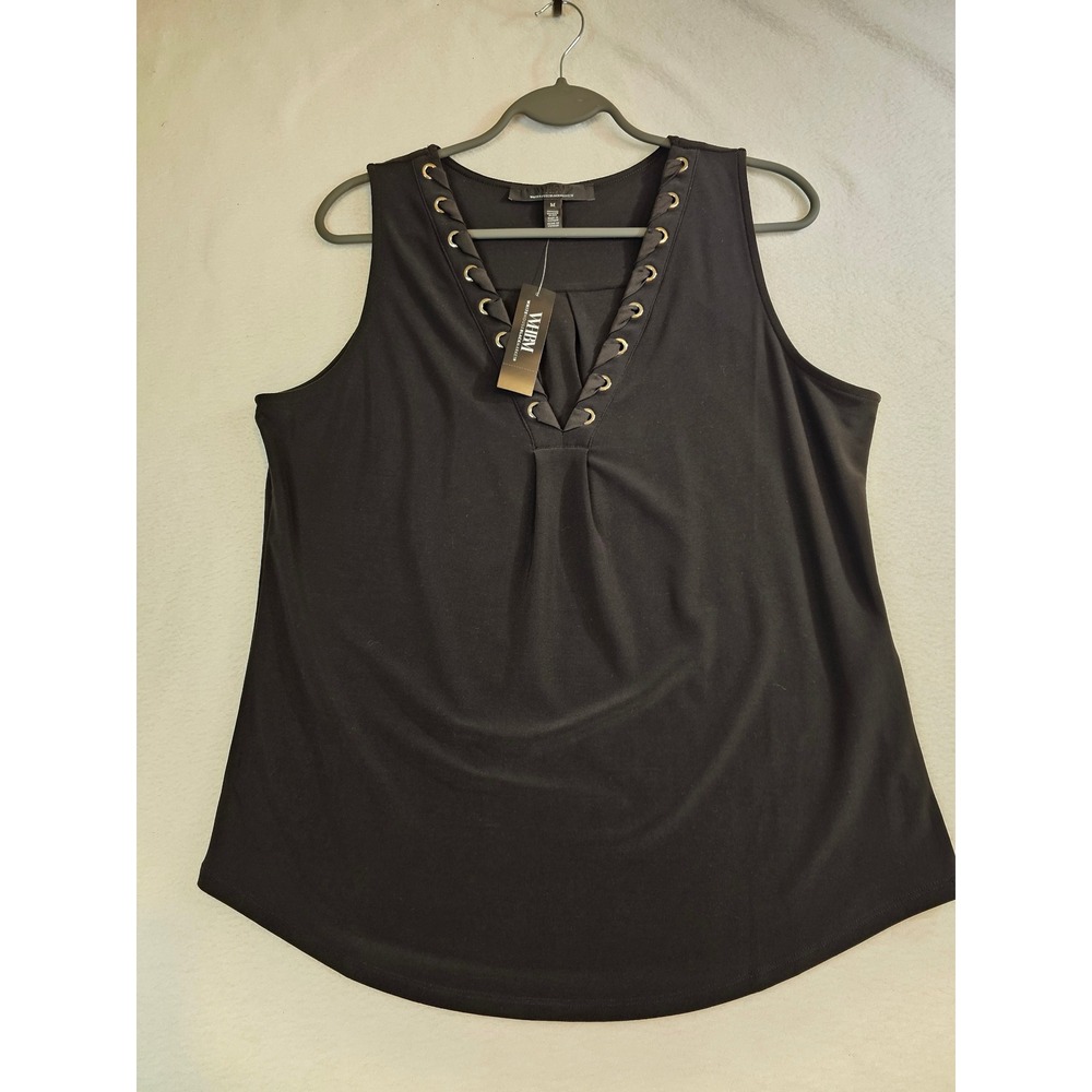 White House Black Market Black Lace Up Notch Neck Tank Top 570360681 Womens M